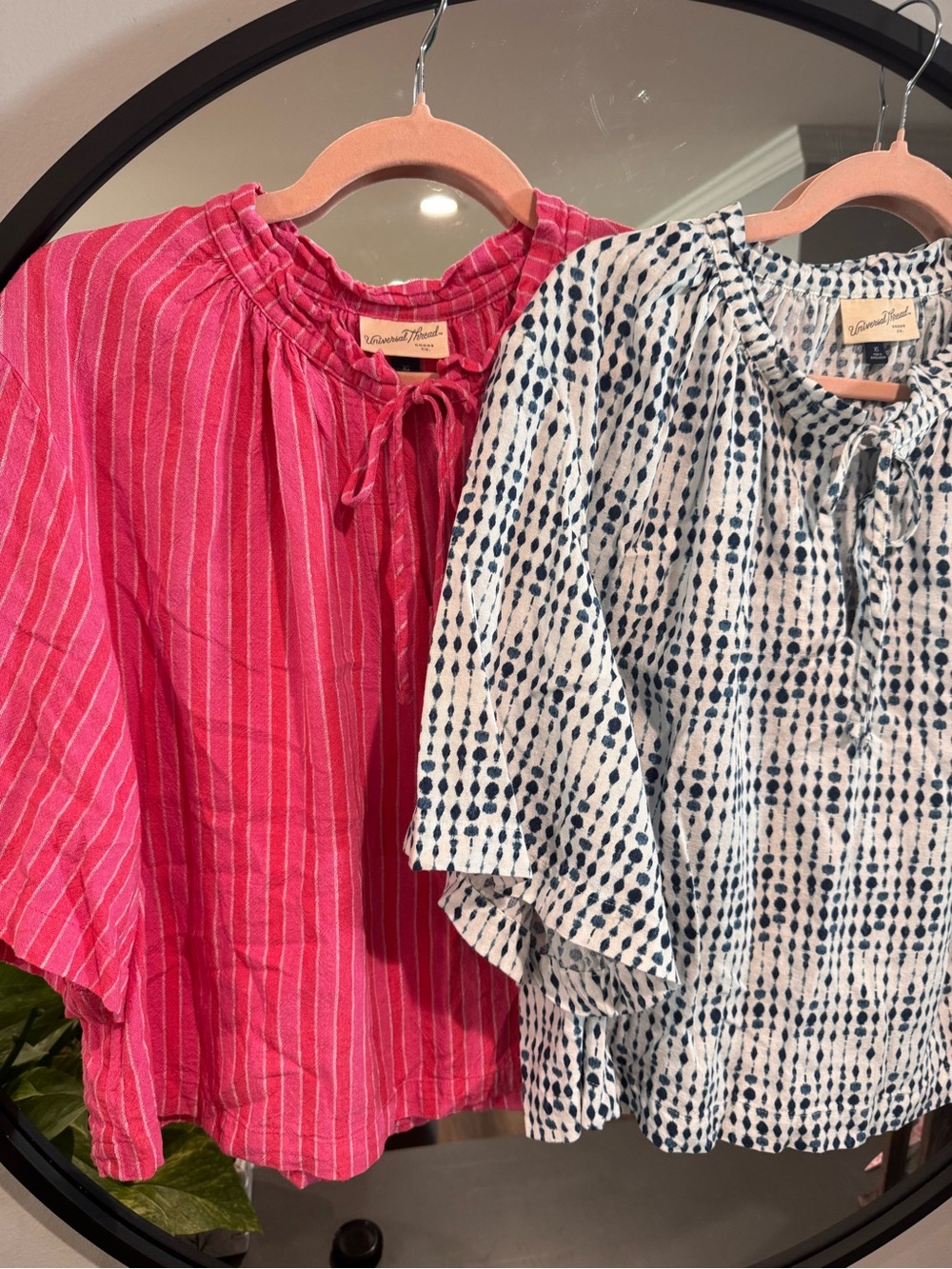 2 Universal Thread Pink & Navy Patterned Tie-Neck Blouses NWOT